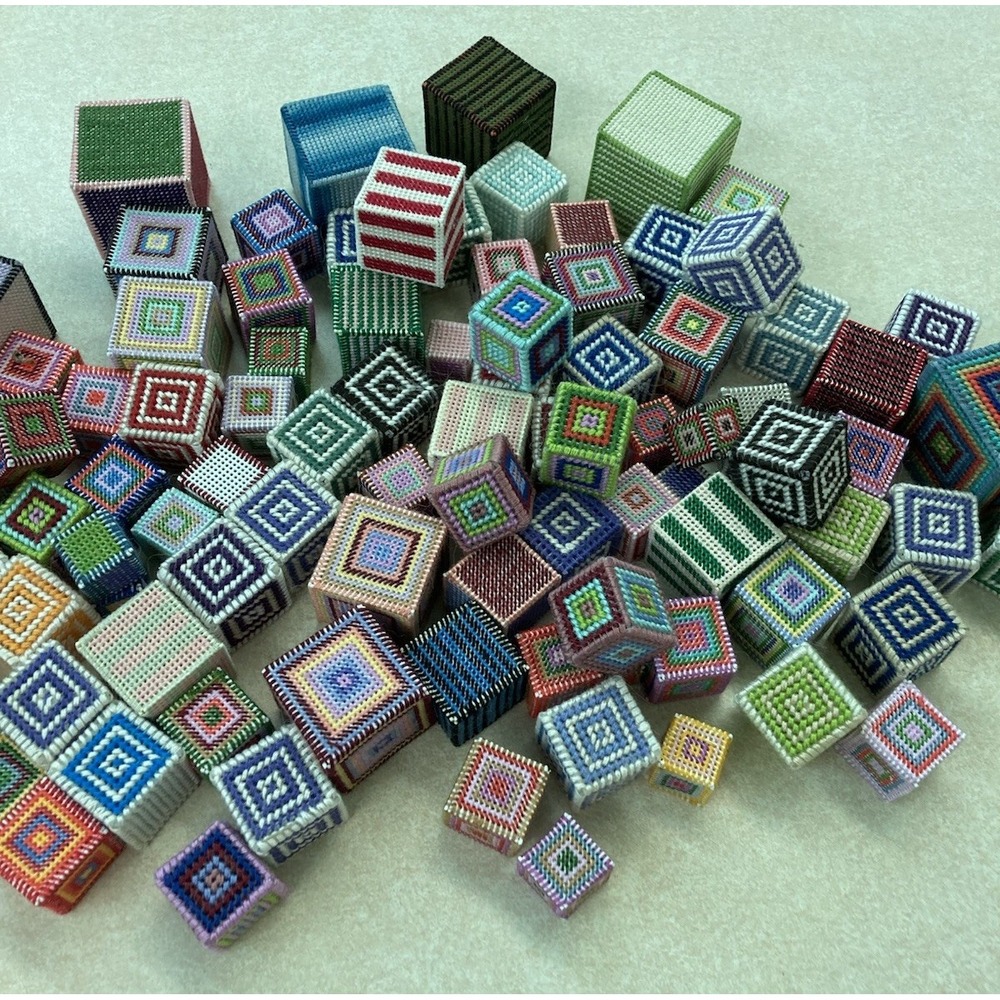 Vintage Colorful Plastic Canvas Small Stacking Blocks Handmade Lot Of 104